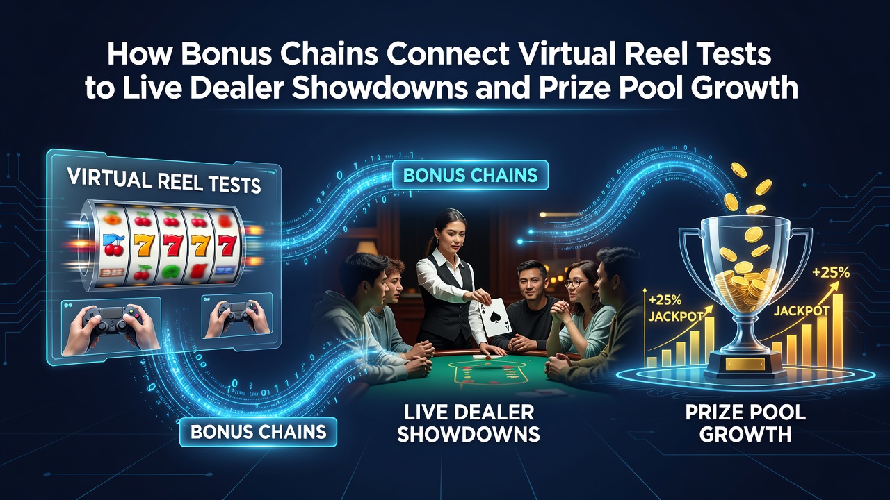 Diagram of bonus chain progression from demo reels through live tournaments to final prize pool totals