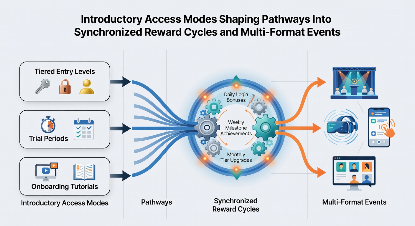 Visual of synchronized reward pathways linking slots, live tables, and tournaments