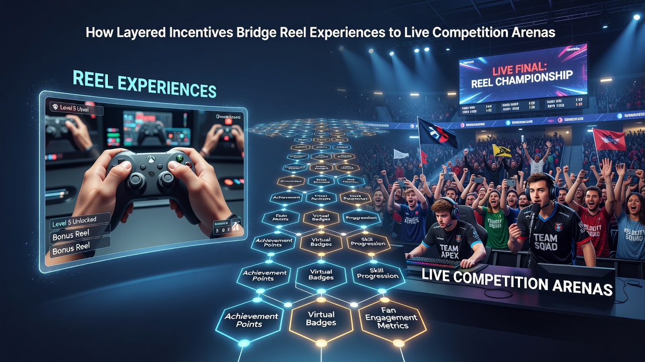 Illustration of players moving from online reel interfaces into stadium-style live competition venues