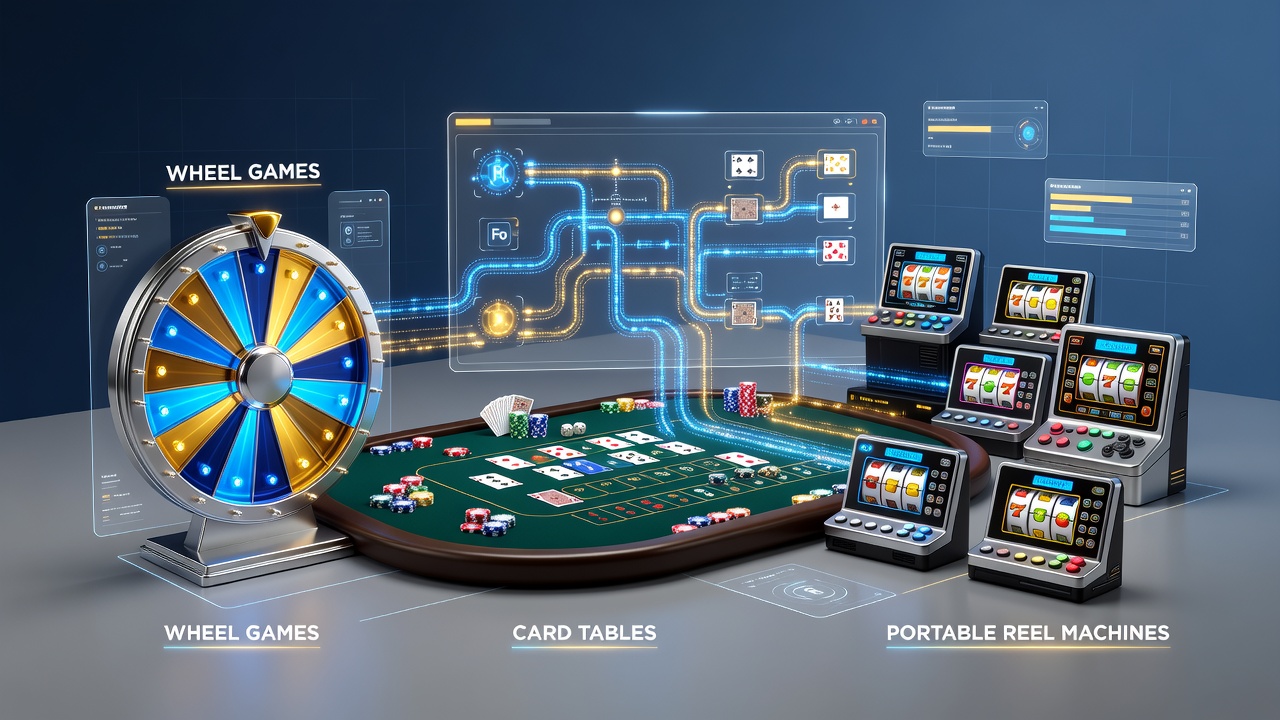 Diagram of mobile reel pathways linking to wheel and card game bonuses in competitive play