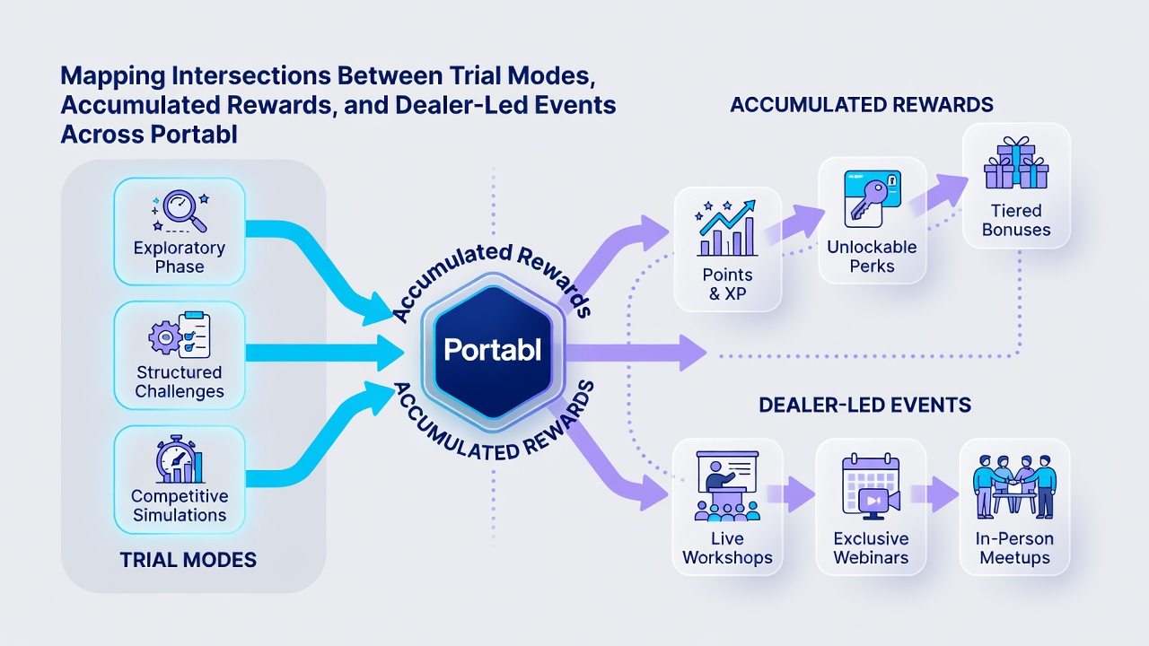 Diagram illustrating connections between accumulated rewards and dealer-led mobile tournaments with trial mode pathways highlighted