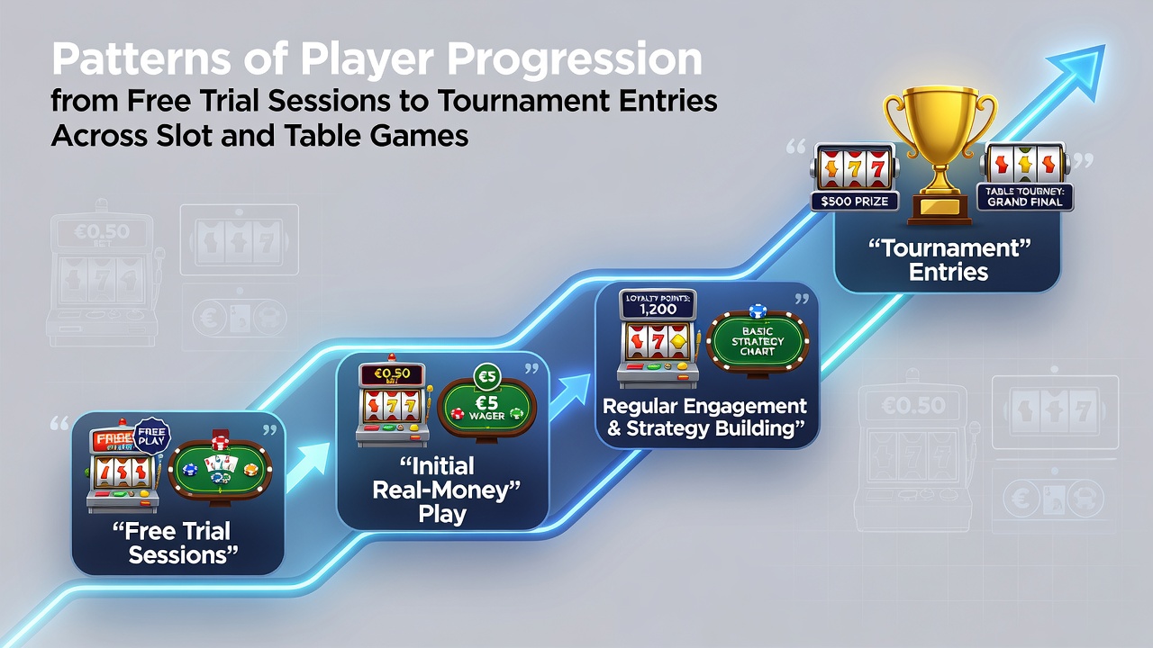 Infographic showing conversion statistics from free trials to tournament entries for slots versus table games in multiple regions