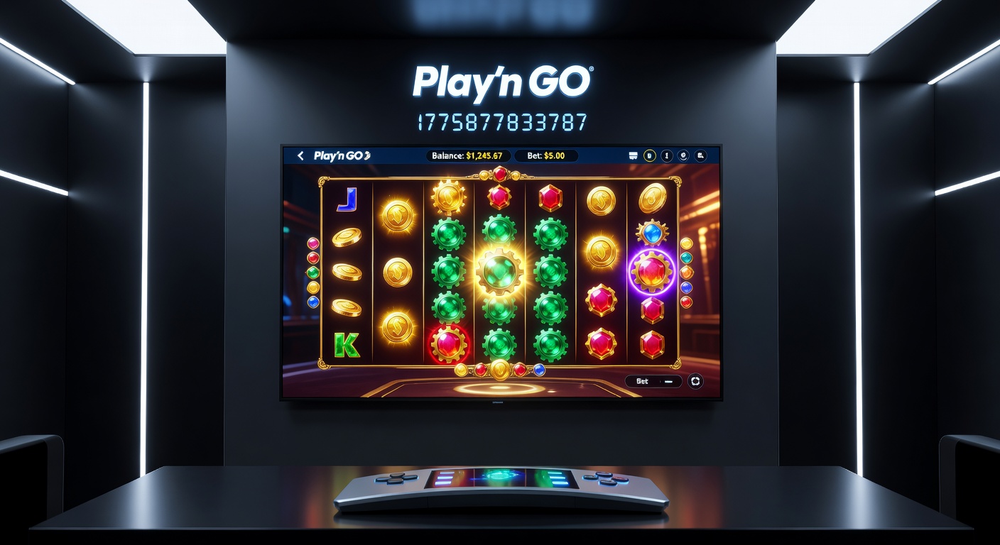 Play'n GO developers collaborating in a modern studio, surrounded by screens displaying game prototypes and data analytics dashboards