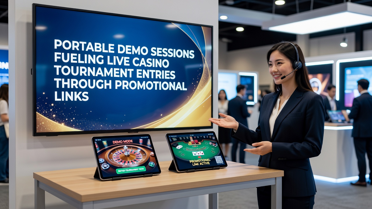 Live casino tournament interface on tablet showing players connected through promotional demo links