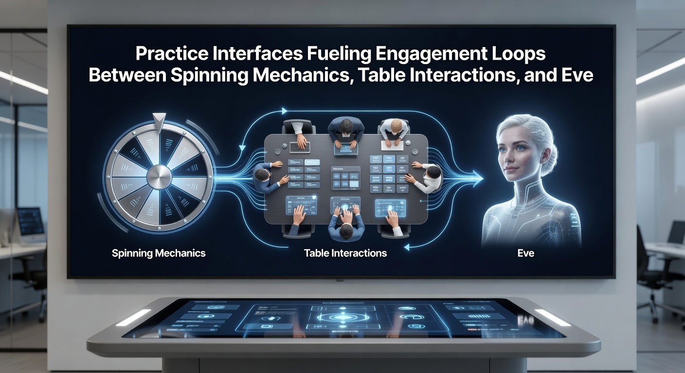Engagement loops visualized through interconnected spinning mechanics, table interactions, and prize event structures