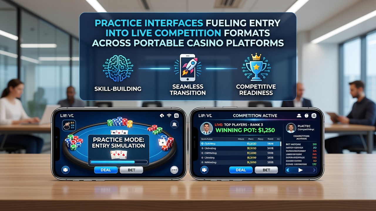 Live competition dashboard on a portable device displaying practice-to-tournament progression stats