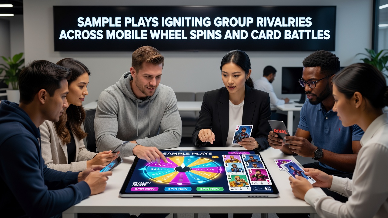Group of mobile gamers comparing demo results from wheel spins and card battles during a competitive session