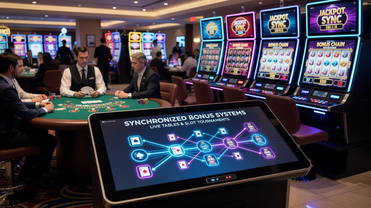 Digital dashboard displaying real-time bonus synchronization between slot tournaments and live dealer tables