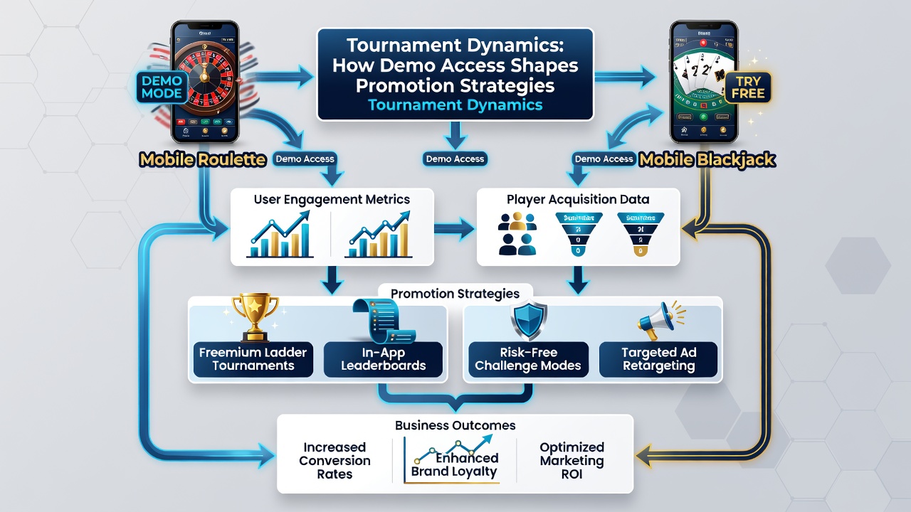Analytics dashboard displaying demo-to-tournament conversion rates for mobile blackjack and roulette events