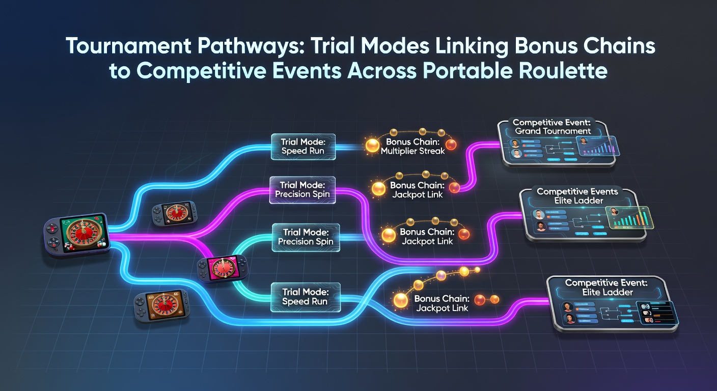 Diagram showing bonus chains flowing from trial modes into mobile tournament structures for roulette and blackjack